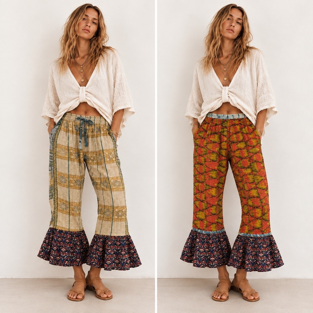 Kantha Patchwork Wide Leg Quilted Pants OS Reversible Bloomer Boho Hippie